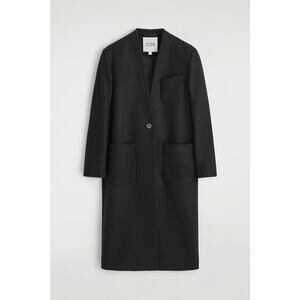 NWT COS Collarless Wool Cashmere Long Black Coat Minimalist Patch Pockets 10 40